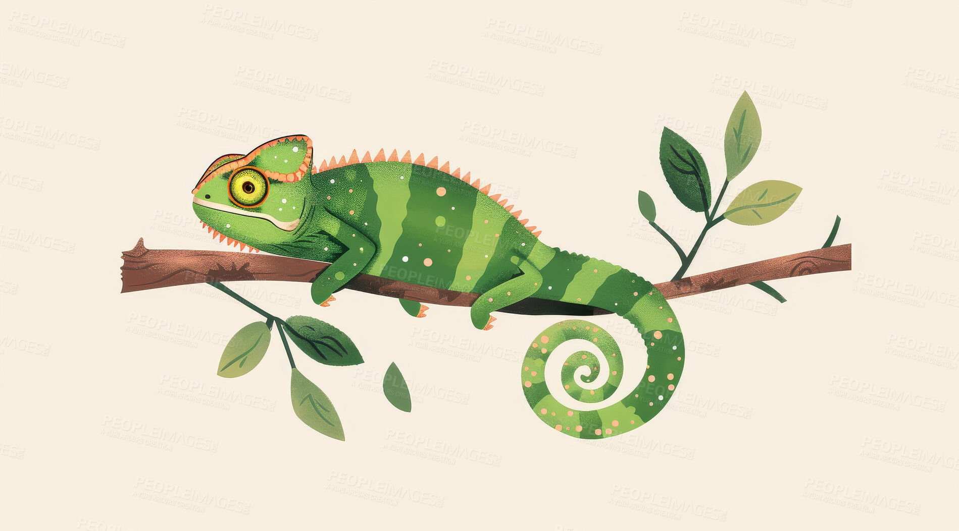 Buy stock photo Chameleon, illustration and digital art of an animal isolated on a background for poster, post card or printing. Cute, creative and drawing of a cartoon character for wallpaper, canvas and decoration