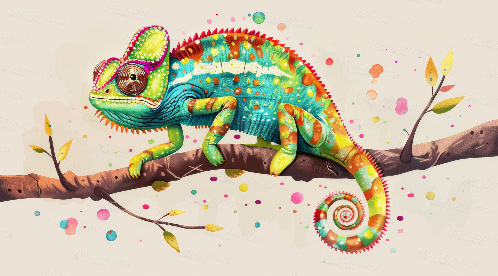 Buy stock photo Chameleon, illustration and digital art of an animal isolated on a background for poster, post card or printing. Cute, creative and drawing of a cartoon character for wallpaper, canvas and decoration