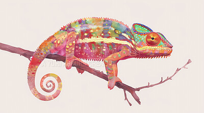 Chameleon, illustration and digital art of an animal isolated on a background for poster, post card or printing. Cute, creative and drawing of a cartoon character for wallpaper, canvas and decoration