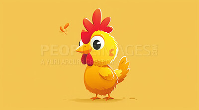 Chicken, illustration and digital art of an animal isolated on a background for poster, post card or printing. Cute, creative and drawing of a cartoon character for wallpaper, canvas and decoration