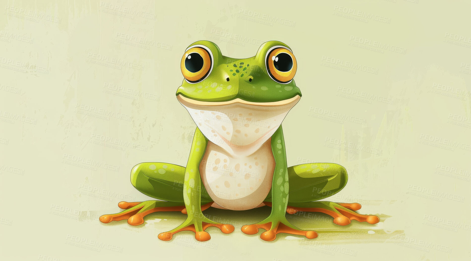 Buy stock photo Frog, illustration and digital art of an animal isolated on a background for poster, post card or printing. Cute, creative and drawing of a cartoon character for wallpaper, canvas and decoration