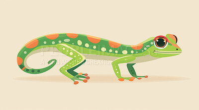 Gecko, illustration and digital art of an animal isolated on a background for poster, post card or printing. Cute, creative and drawing of a cartoon character for wallpaper, canvas and decoration