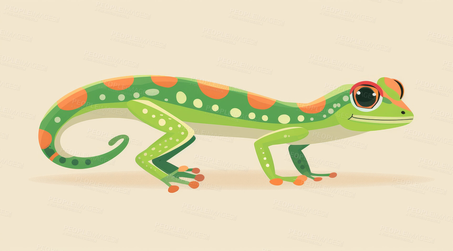 Buy stock photo Gecko, illustration and digital art of an animal isolated on a background for poster, post card or printing. Cute, creative and drawing of a cartoon character for wallpaper, canvas and decoration