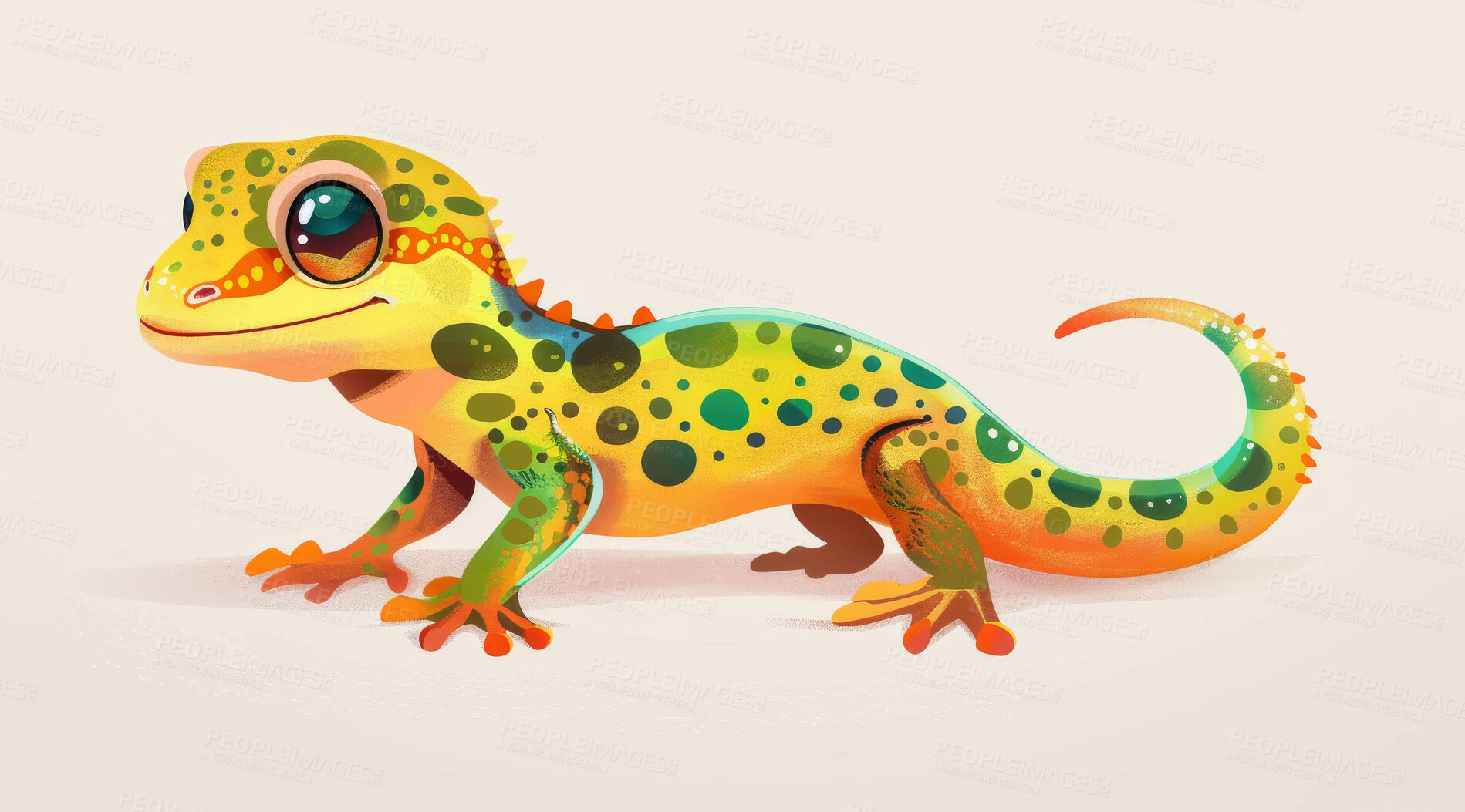Buy stock photo Gecko, illustration and digital art of an animal isolated on a background for poster, post card or printing. Cute, creative and drawing of a cartoon character for wallpaper, canvas and decoration