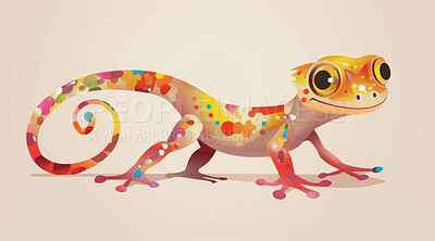 Gecko, illustration and digital art of an animal isolated on a background for poster, post card or printing. Cute, creative and drawing of a cartoon character for wallpaper, canvas and decoration