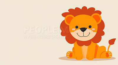 Lion, illustration and digital art of an animal isolated on a background for poster, post card or printing. Cute, creative and drawing of a cartoon character for wallpaper, canvas and decoration