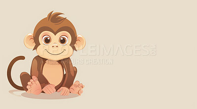 Monkey, illustration and digital art of an animal isolated on a background for poster, post card or printing. Cute, creative and drawing of a cartoon character for wallpaper, canvas and decoration