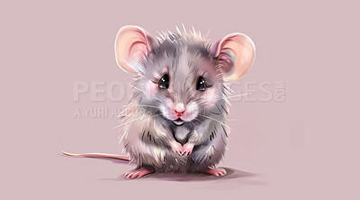 Buy stock photo Mouse, illustration and digital art of an animal isolated on a background for poster, post card or printing. Cute, creative and drawing of a cartoon character for wallpaper, canvas and decoration