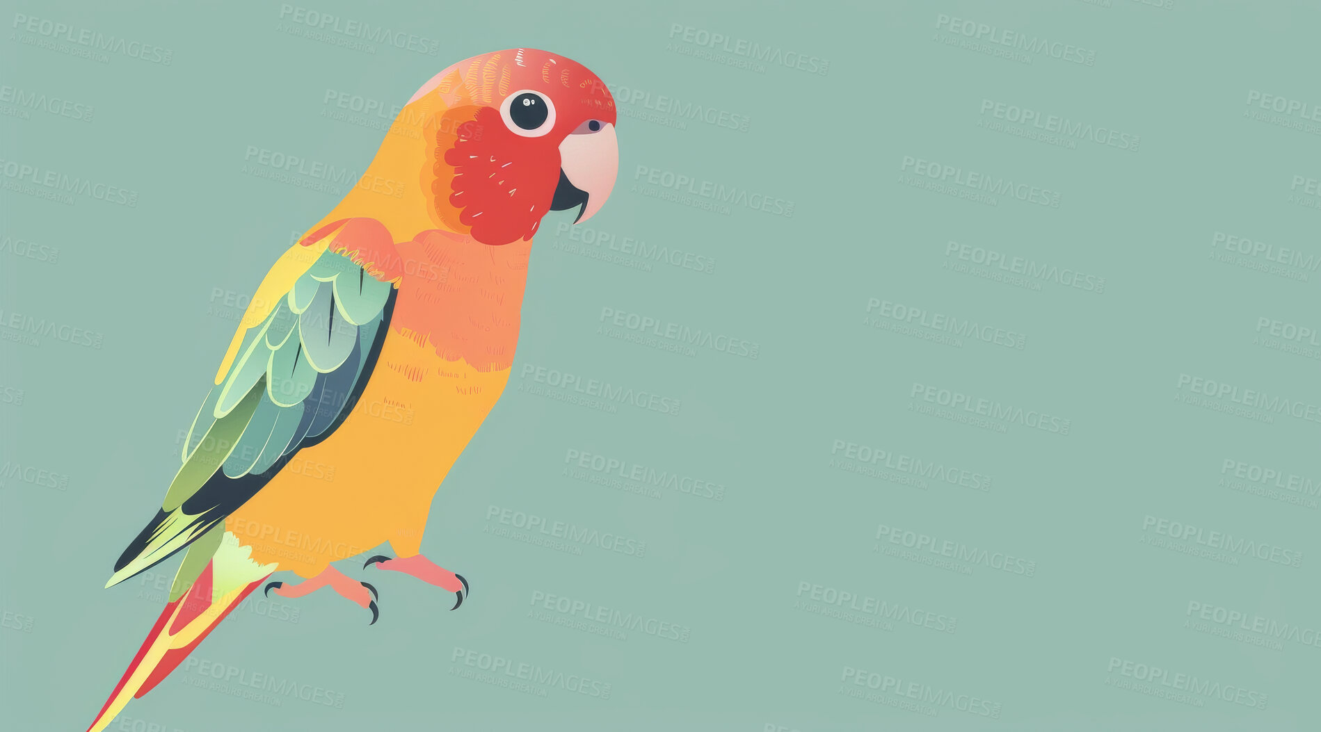 Buy stock photo Parrot, illustration and digital art of an animal isolated on a background for poster, post card or printing. Cute, creative and drawing of a cartoon character for wallpaper, canvas and decoration