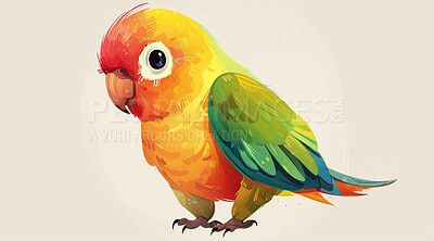 Parrot, illustration and digital art of an animal isolated on a background for poster, post card or printing. Cute, creative and drawing of a cartoon character for wallpaper, canvas and decoration