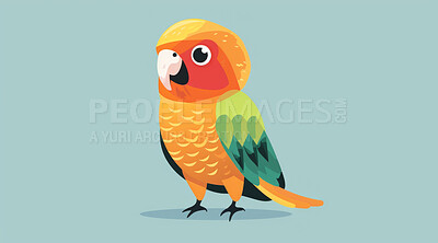 Buy stock photo Parrot, illustration and digital art of an animal isolated on a background for poster, post card or printing. Cute, creative and drawing of a cartoon character for wallpaper, canvas and decoration