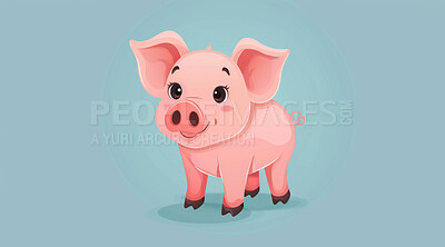 Pig, illustration and digital art of an animal isolated on a background for poster, post card or printing. Cute, creative and drawing of a cartoon character for wallpaper, canvas and decoration