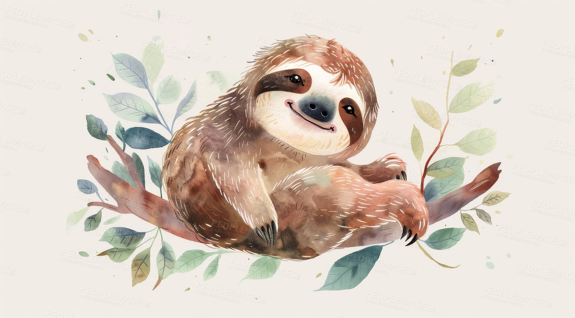 Buy stock photo Sloth, illustration and digital art of an animal isolated on a background for poster, post card or printing. Cute, creative and drawing of a cartoon character for wallpaper, canvas and decoration