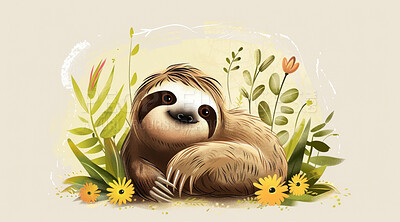 Sloth, illustration and digital art of an animal isolated on a background for poster, post card or printing. Cute, creative and drawing of a cartoon character for wallpaper, canvas and decoration