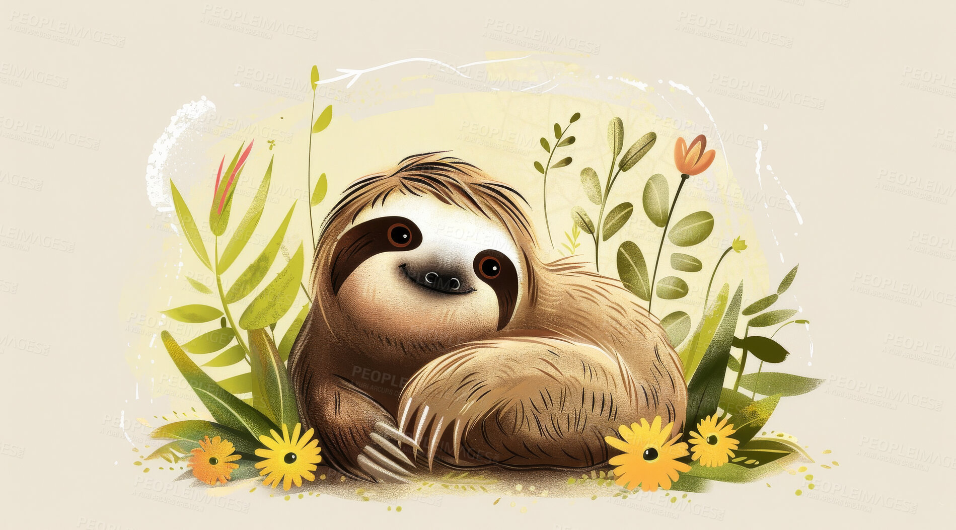 Buy stock photo Sloth, illustration and digital art of an animal isolated on a background for poster, post card or printing. Cute, creative and drawing of a cartoon character for wallpaper, canvas and decoration
