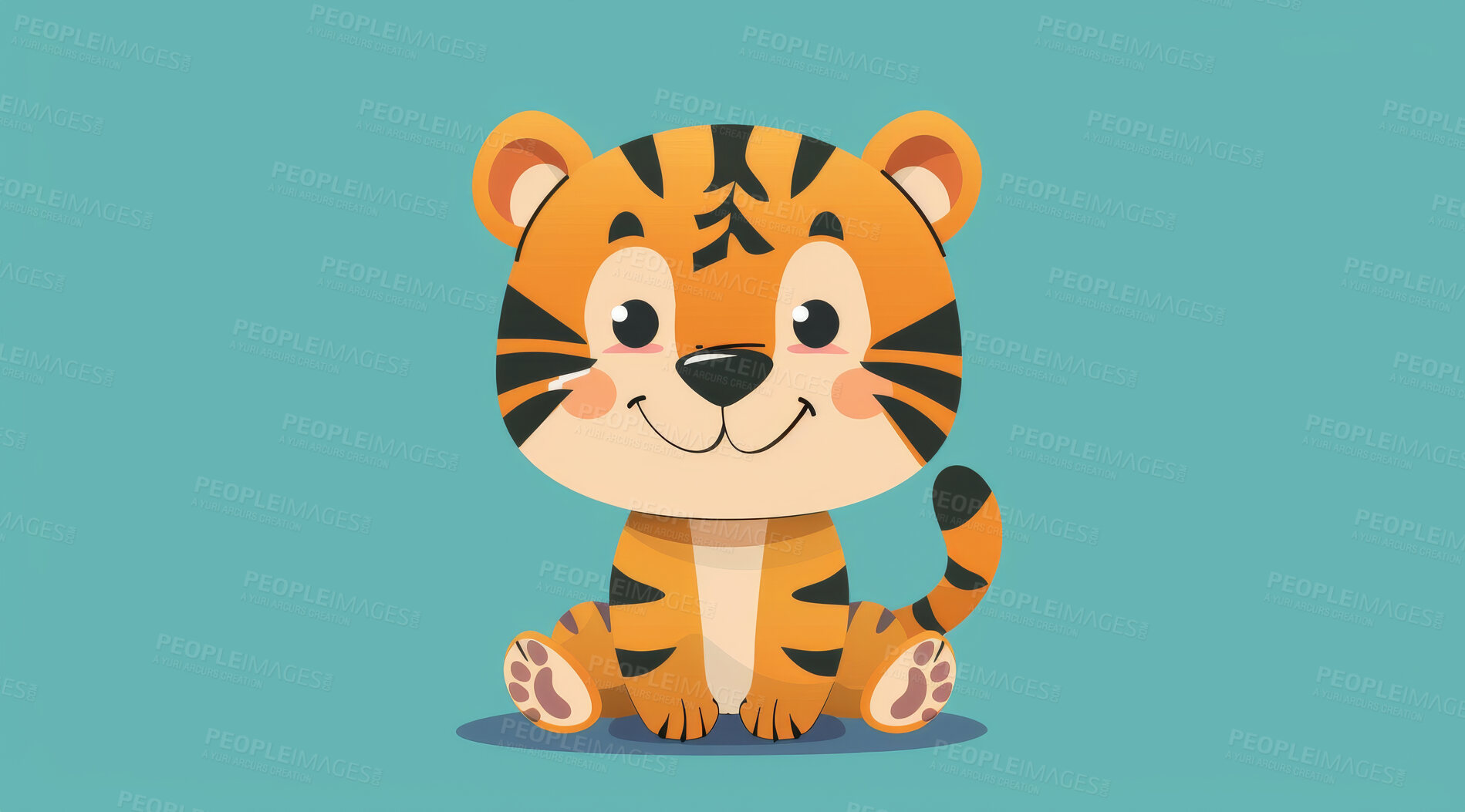Buy stock photo Tiger, illustration and digital art of an animal isolated on a background for poster, post card or printing. Cute, creative and drawing of a cartoon character for wallpaper, canvas and decoration