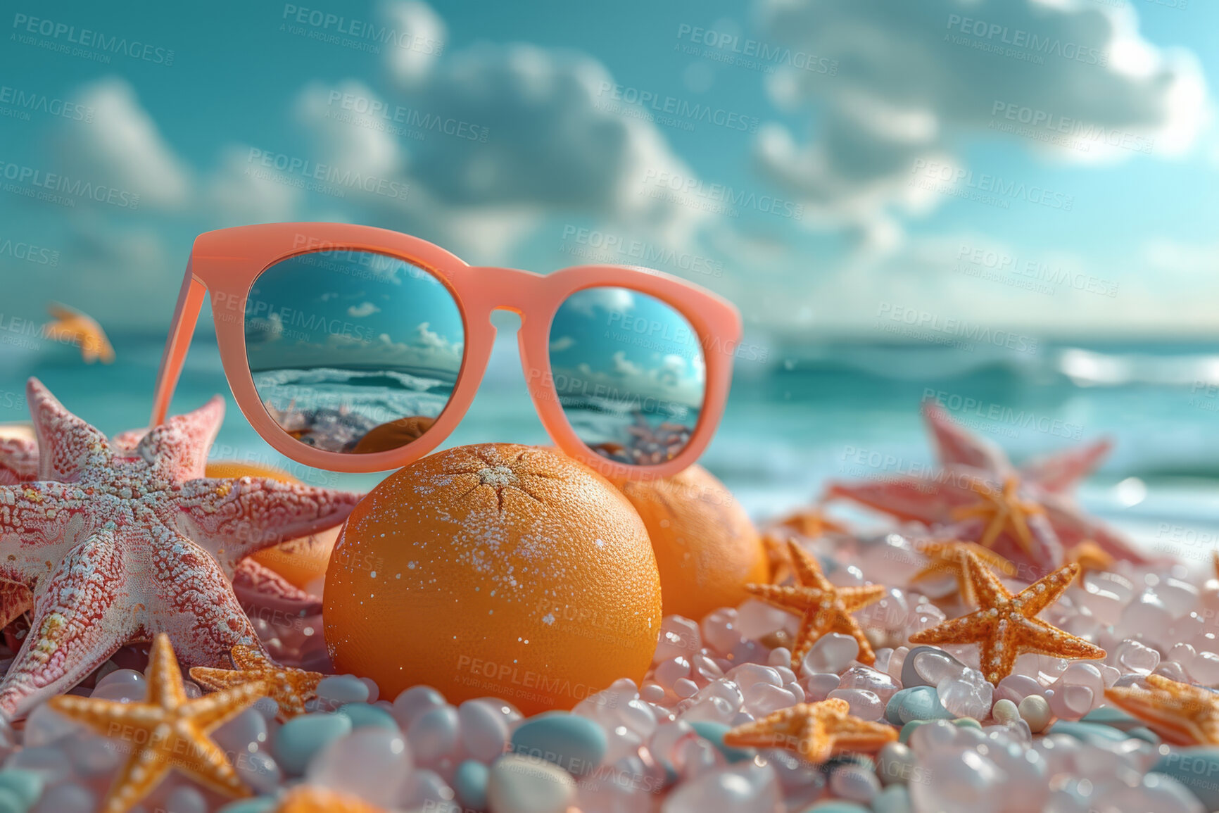 Buy stock photo Glasses, water and starfish with beach landscape or blue sky. Tropical paradise, dream holiday or island vacation. Background, summer wallpaper and relaxation in nature, sun and blue sea waves