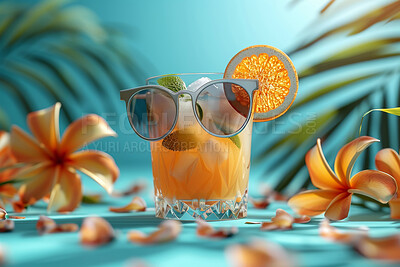 Cocktail, background and glasses with palm trees. Tropical paradise, dream holiday or island vacation mock up. Backdrop, summer wallpaper and relaxation in nature, concept and blue wallpaper