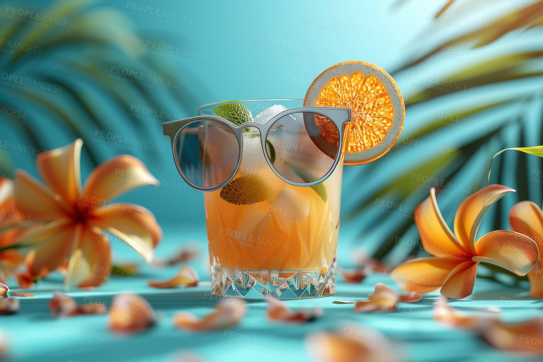 Buy stock photo Cocktail, background and glasses with palm trees. Tropical paradise, dream holiday or island vacation mock up. Backdrop, summer wallpaper and relaxation in nature, concept and blue wallpaper