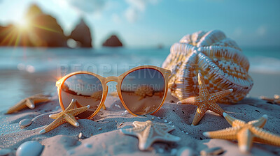 Glasses, water and starfish with beach landscape or blue sky. Tropical paradise, dream holiday or island vacation. Background, summer wallpaper and relaxation in nature, sun and blue sea waves