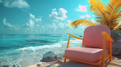 Deck chair, background and glasses with palm trees. Tropical paradise, dream holiday or island vacation mock up. Backdrop, summer wallpaper and relaxation in nature, concept and blue wallpaper
