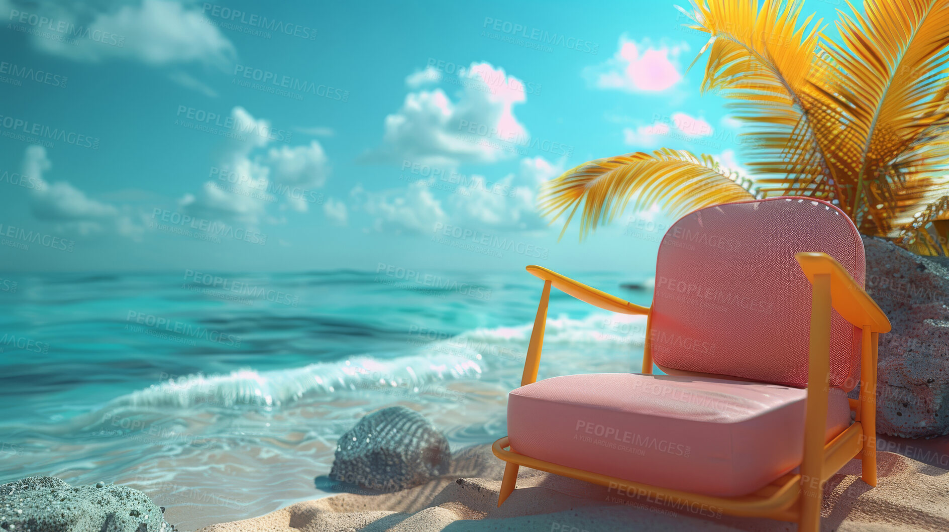 Buy stock photo Deck chair, background and glasses with palm trees. Tropical paradise, dream holiday or island vacation mock up. Backdrop, summer wallpaper and relaxation in nature, concept and blue wallpaper