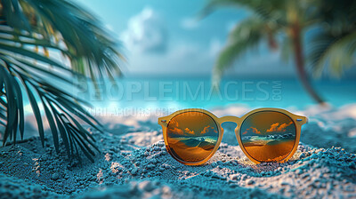 Glasses, palm trees and beach landscape with mock up or travel. Tropical paradise, dream holiday or island vacation. Background, summer wallpaper and relax in nature, sun and blue sea waves