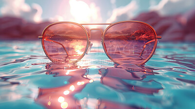 Pink glasses, water and sunset with beach landscape or blue sky. Tropical paradise, dream holiday or island vacation. Background, summer wallpaper and relaxation in nature, sun and blue sea waves