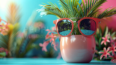Sunglasses, background and flowers with palm trees. Tropical paradise, dream holiday or island vacation mock up. Background, summer wallpaper and relax in nature, concept and blue wallpaper