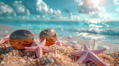 Glasses, water and starfish with beach landscape or blue sky. Tropical paradise, dream holiday or island vacation. Background, summer wallpaper and relaxation in nature, sun and blue sea waves