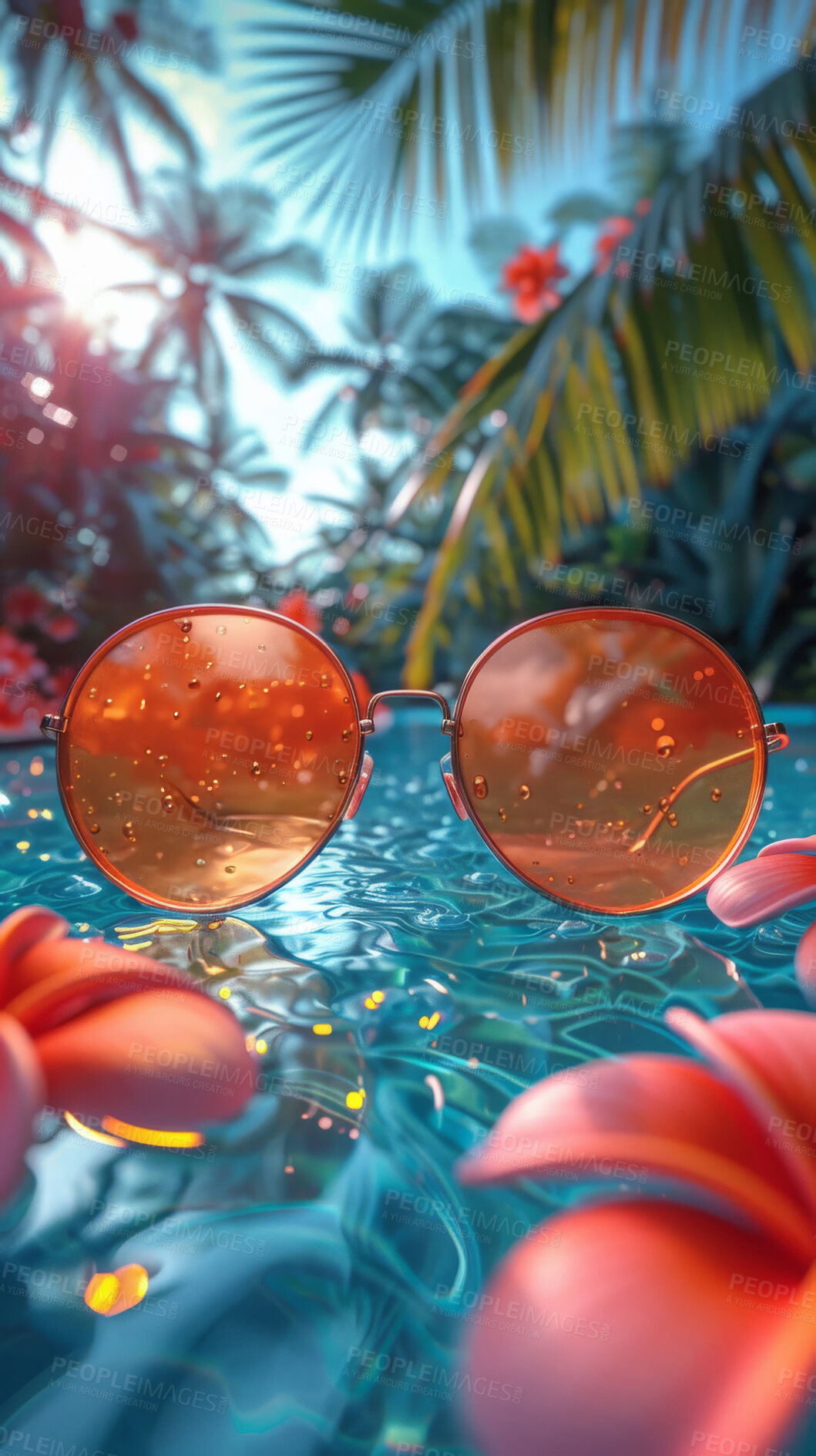 Buy stock photo Glasses, water and beach landscape with mock up or travel. Tropical paradise, dream holiday or island vacation. Background, summer wallpaper and relax in nature, sun and blue sea waves