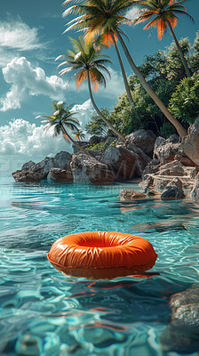Tropical, water and beach holiday with mock up or travel. Floating tube, dream vacation or island paradise. Background, summer wallpaper and relax in nature, sun with blue sea, waves and natural views