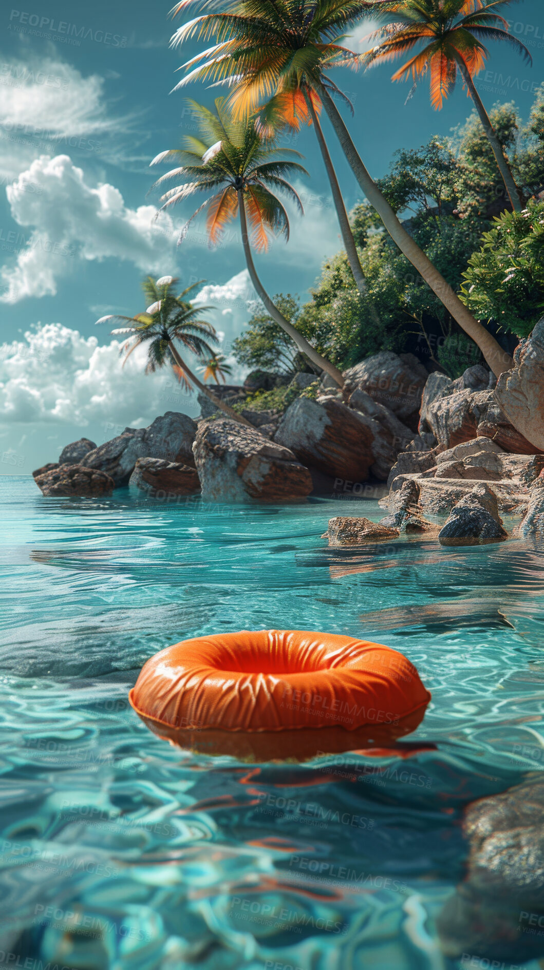 Buy stock photo Tropical, water and beach holiday with mock up or travel. Floating tube, dream vacation or island paradise. Background, summer wallpaper and relax in nature, sun with blue sea, waves and natural views