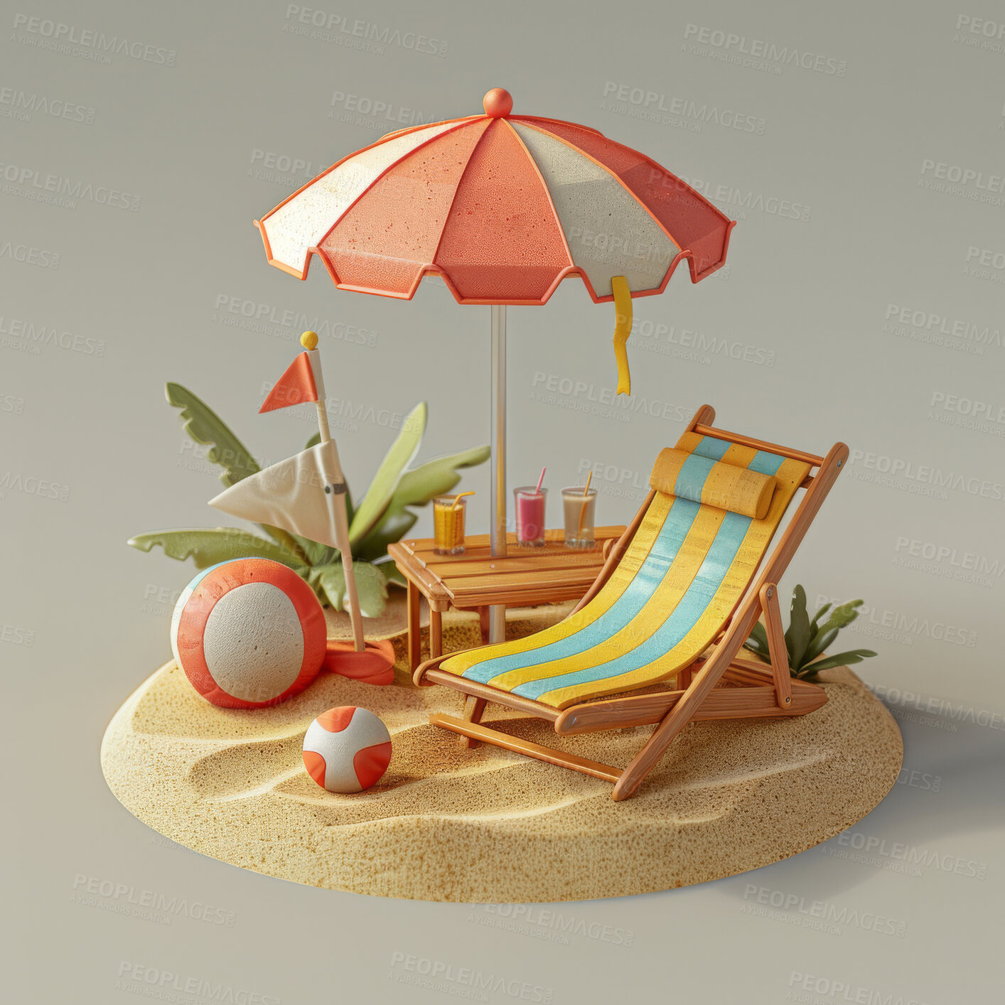 Buy stock photo Cartoon, 3D and illustrations for travel, vacation or tropical holiday concept for mock up. Island, remote location and miniature objects. Relaxation, journey and playful concept with pastel colours