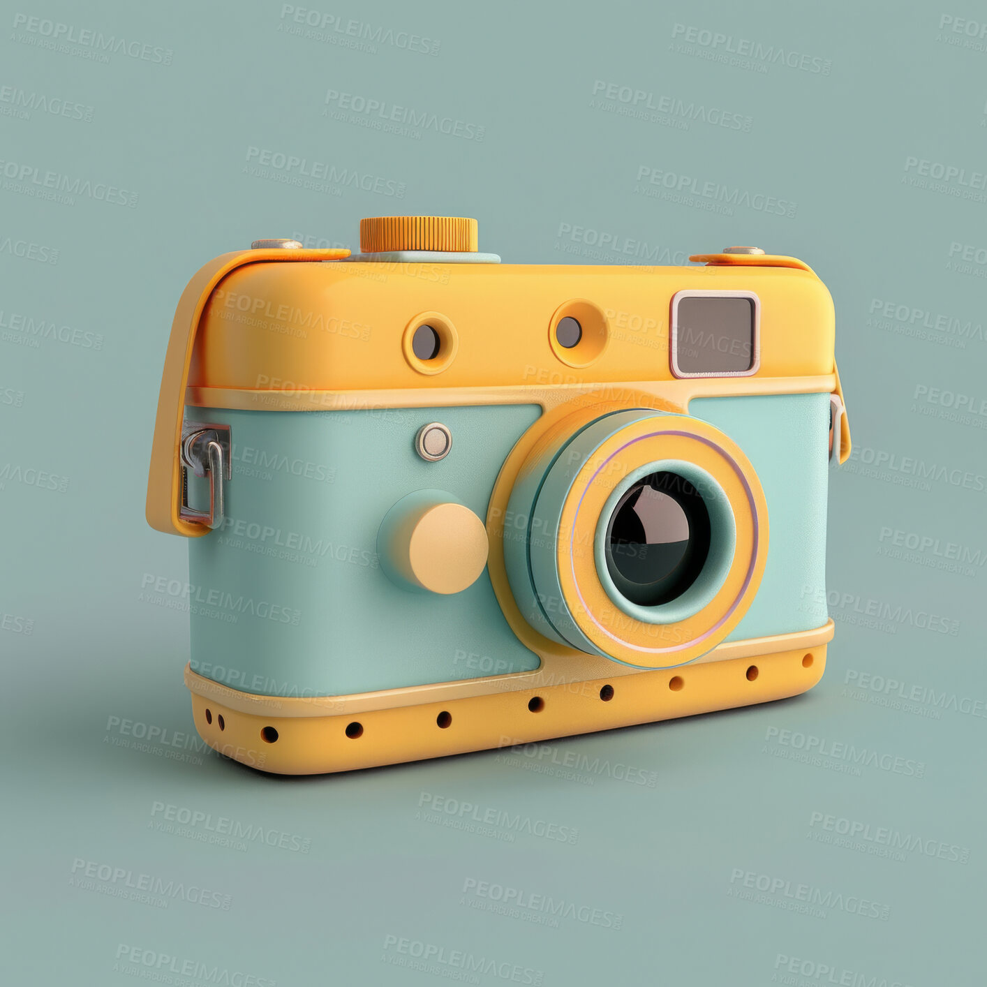 Buy stock photo Cartoon, 3D and illustrations for camera, social media or holiday for mock up. Design, lense and ready for adventure, journey and exploration with playful concept and pastel color on backdrop