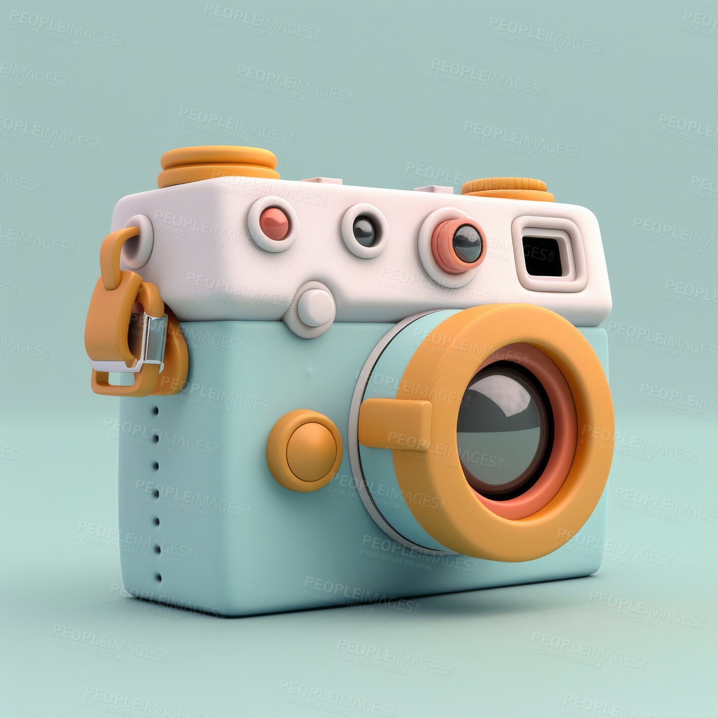 Buy stock photo Cartoon, 3D and illustrations for camera, social media or holiday for mock up. Design, lense and ready for adventure, journey and exploration with playful concept and pastel color on backdrop