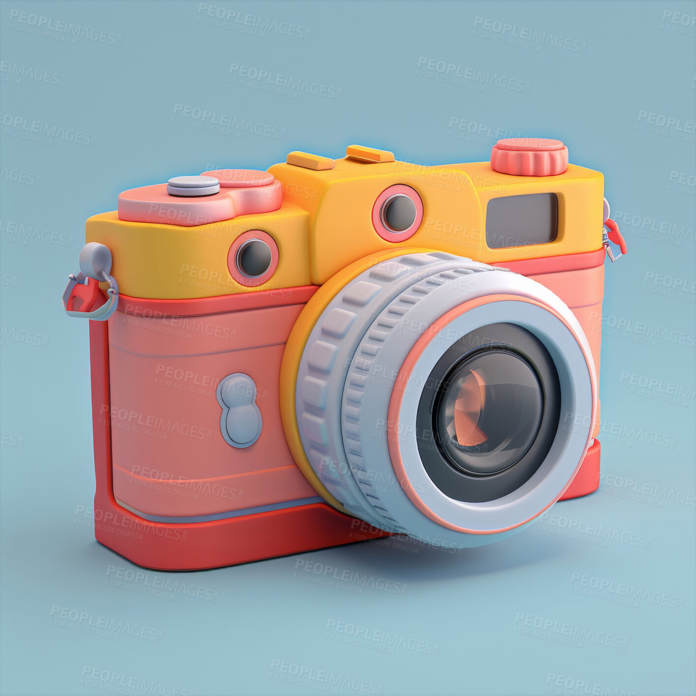 Buy stock photo Cartoon, 3D and illustrations for camera, social media or holiday for mock up. Design, lense and ready for adventure, journey and exploration with playful concept and pastel color on backdrop
