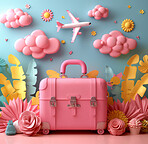 Cartoon, 3D and illustrations for travel, vacation or holiday concept for mock up. Luggage, suitcase and ready for adventure, journey and exploration with playful concept and pastel colo