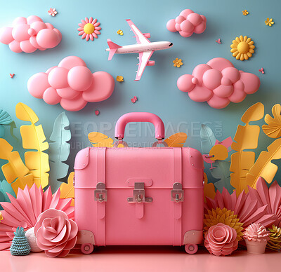 Cartoon, 3D and illustrations for travel, vacation or holiday concept for mock up. Luggage, suitcase and ready for adventure, journey and exploration with playful concept and pastel colo