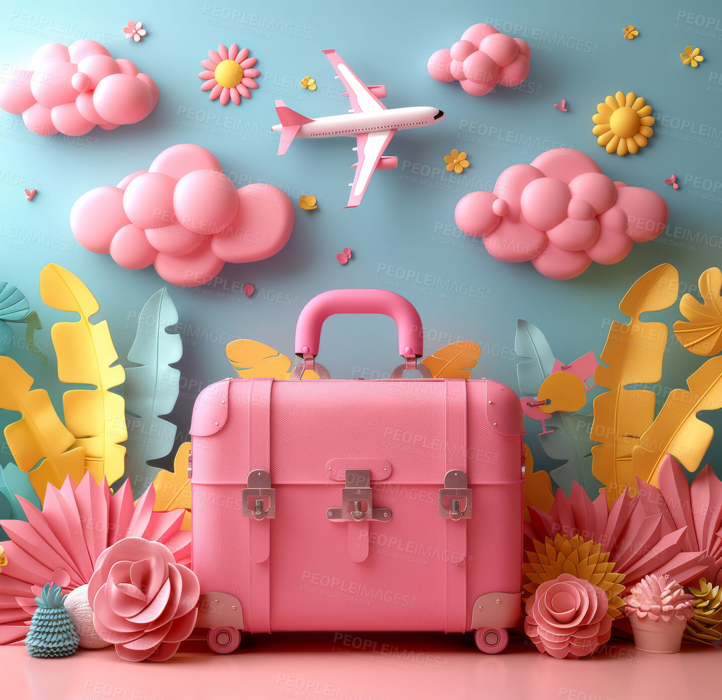 Buy stock photo Cartoon, 3D and illustrations for travel, vacation or holiday concept for mock up. Luggage, suitcase and ready for adventure, journey and exploration with playful concept and pastel colo