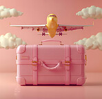 Cartoon, 3D and illustrations for travel, vacation or holiday concept for mock up. Luggage, suitcase and ready for adventure, journey and exploration with playful concept and pastel color