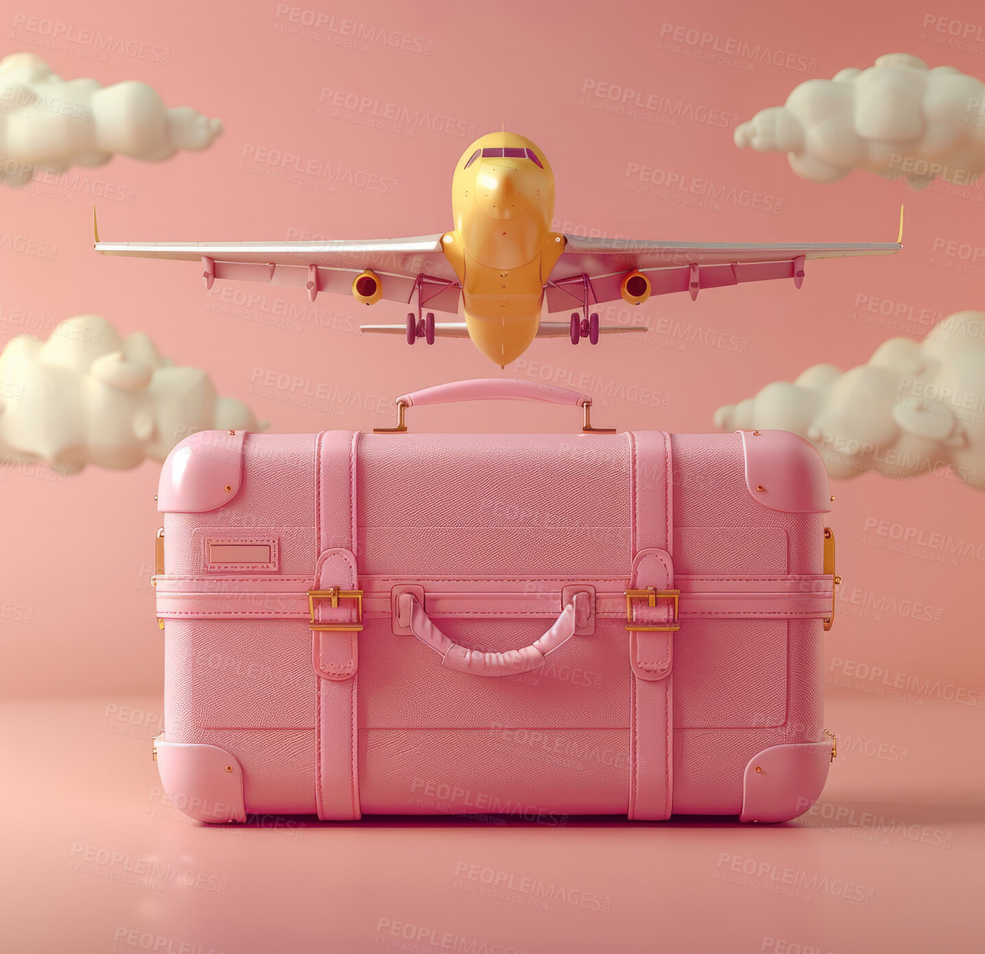 Buy stock photo Cartoon, 3D and illustrations for travel, vacation or holiday concept for mock up. Luggage, suitcase and ready for adventure, journey and exploration with playful concept and pastel color