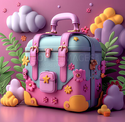 Cartoon, 3D and illustrations for travel, vacation or holiday concept for mock up. Luggage, suitcase and ready for adventure, journey and exploration with playful concept and pastel colours