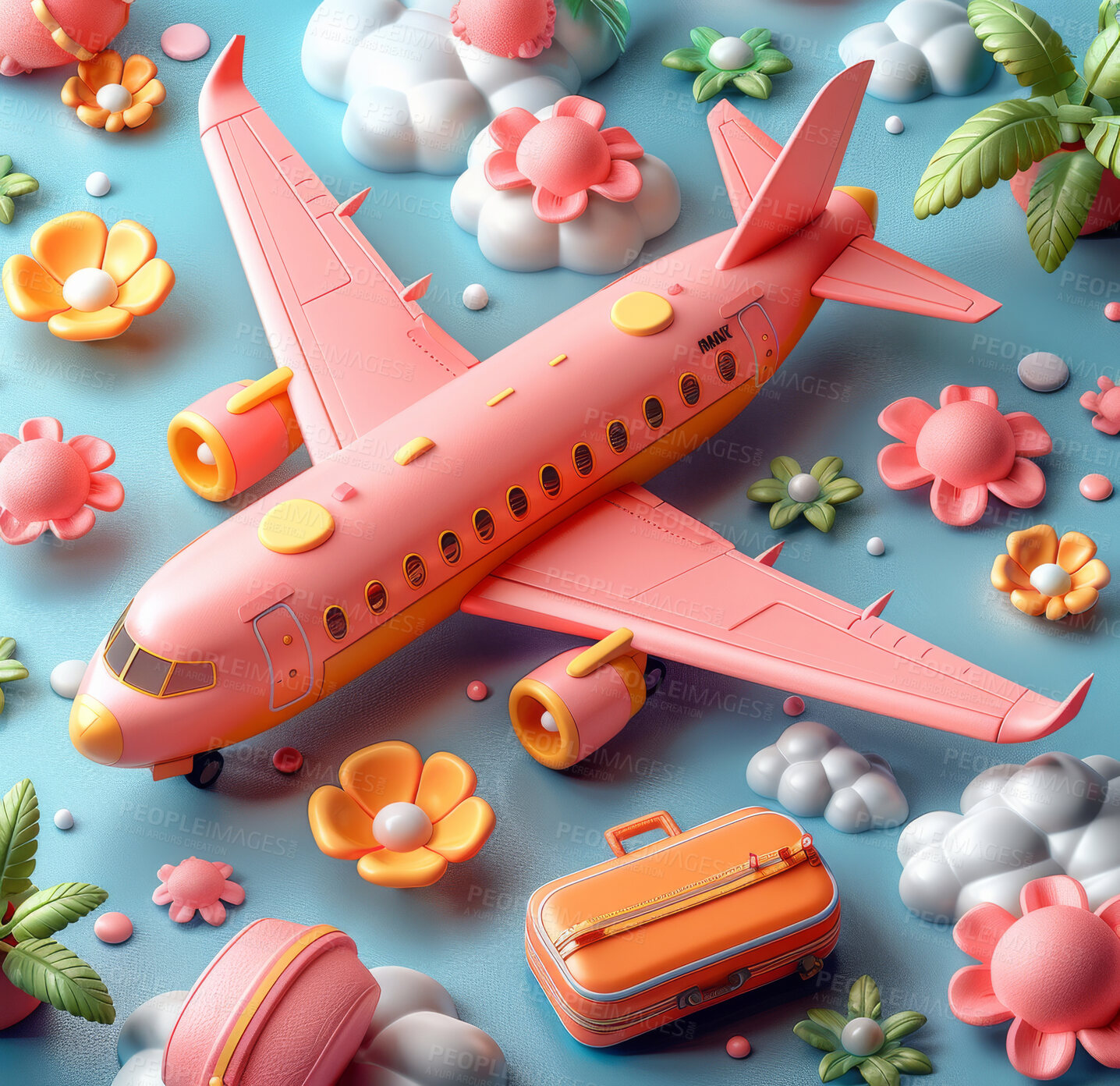 Buy stock photo Cartoon, 3D and illustrations for travel, vacation or holiday on backdrop. Global map, plane and landscapes for tourism, concept or adventure. Luggage, transportation and playful pastel colours