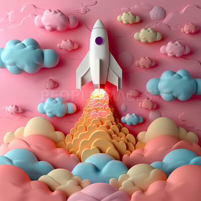 Cartoon, 3D and illustrations for travel, vacation or holiday on backdrop. Rocket ship, plane and landscapes for exploration, concept or adventure. clouds, transportation and playful pastel colours