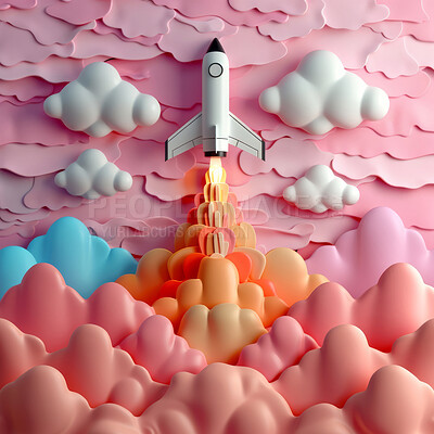 Cartoon, 3D and illustrations for travel, vacation or holiday on backdrop. Rocket ship, plane and landscapes for exploration, concept or adventure. clouds, transportation and playful pastel colours