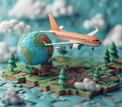 Cartoon, 3D and illustrations for travel, vacation or holiday on backdrop. Global map, plane and landscapes for tourism, concept or adventure. Luggage, transportation and playful pastel colours