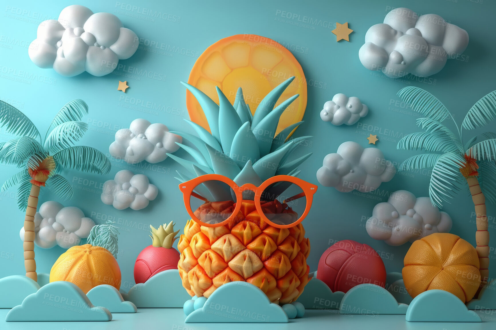 Buy stock photo Cartoon, 3D and illustrations for travel, vacation or tropical holiday concept for mock up. Pineapple, palm trees and miniature objects. Relaxation, journey and playful concept with pastel colours