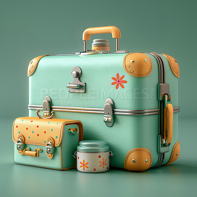 Cartoon, 3D and illustrations for travel, vacation or holiday concept for mock up. Luggage, suitcase and ready for adventure, journey and exploration with playful concept and pastel colours