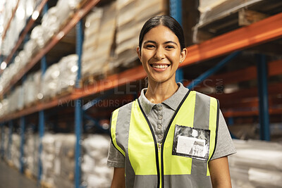 Happy woman, portrait and warehouse with storage in logistics, supply chain or management. Face of young female person or employee with smile in shipping industry, export or import business at depot